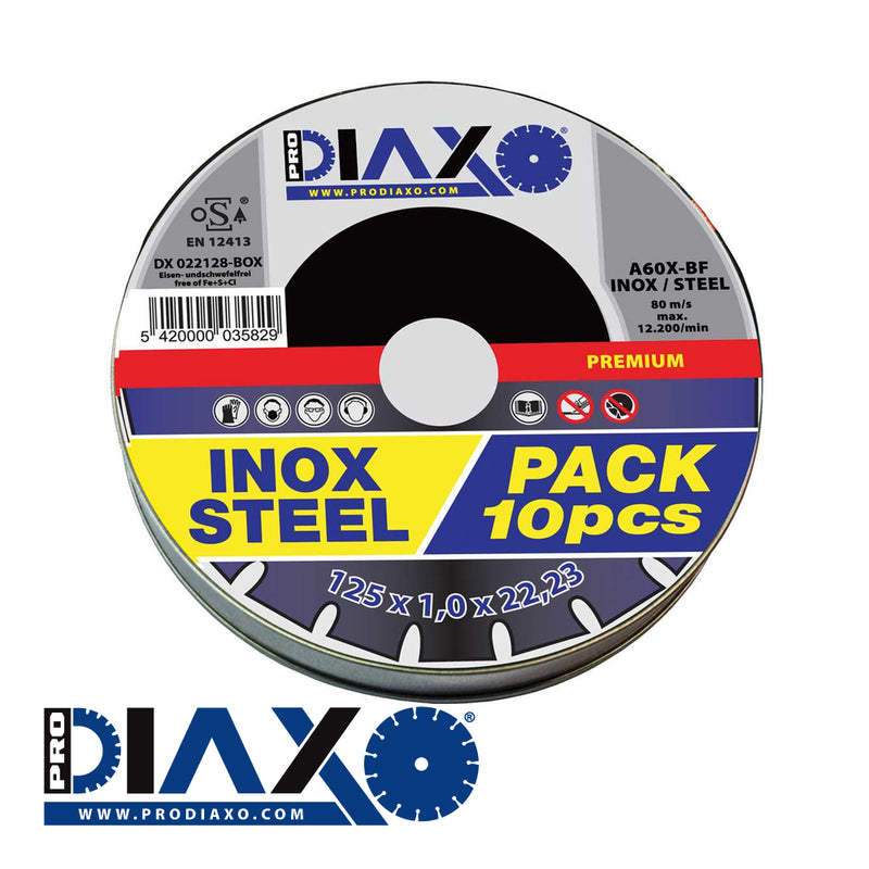 PRODIAXO - Disque abrasif INOX/ACIER - 125 x 1,0 mm PAR 10 pcs. en BOX ALU / Premium Construction