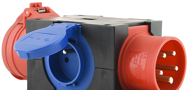 PCE 9430477: CEE box 'ST ANTON' / In: CEE 16A 5P / Out CEE 16A 5P + 2x16A 250V (BE/FR)