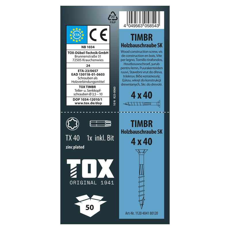 Vis à bois zinguée bleue timbr 4,0 x 40 sk (500 pc)