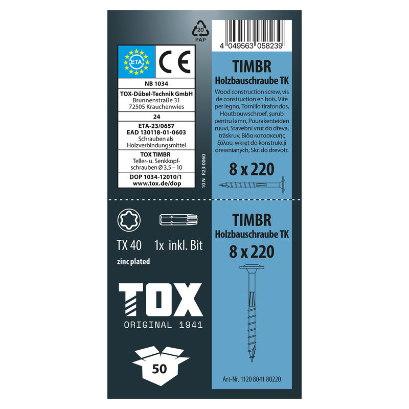 Vis à bois zinguée bleue timbr 8,0 x 220 tk (50 pc)