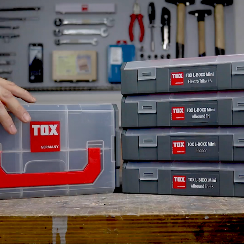 TOX L-Boxx Mini (vide) – boîte grise, inserts transparents, logo Tox