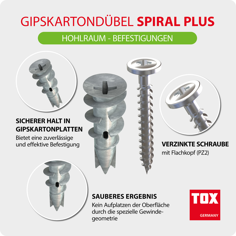 TOX Spiral Plus + S (50 pc) – chevilles pour plaques de plâtre