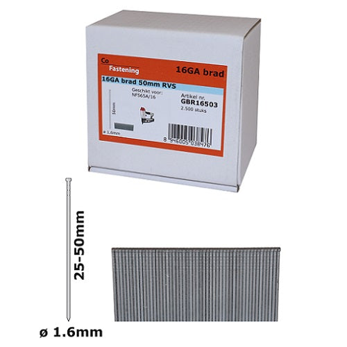 Clou à tête refoulé 16GA 38 mm inoxydable 2500 st/pak