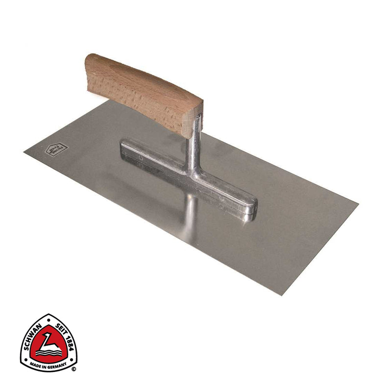 Plâtresse standard en INOX, manche bois courbé - 280 x 130 x 0,7 mm
