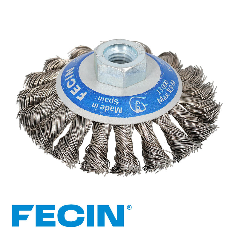 Brosse ronde fil ondulé conique F-15 Ø100/M14/0,50 / Inoxydable, blister pack