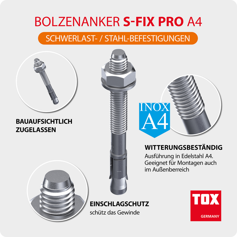 Boulon d'ancrage s-fix pro 1 A4 M8X75/10 (100 pc)